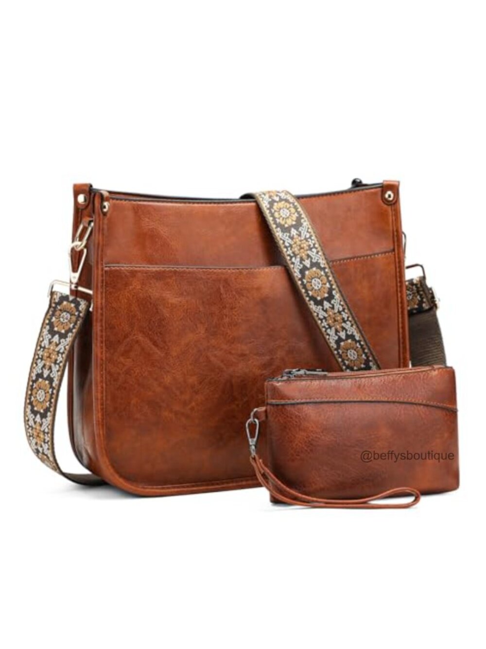 Vegan Leather Hobo Crossbody Bag & Wallet Set with Guitar Strap